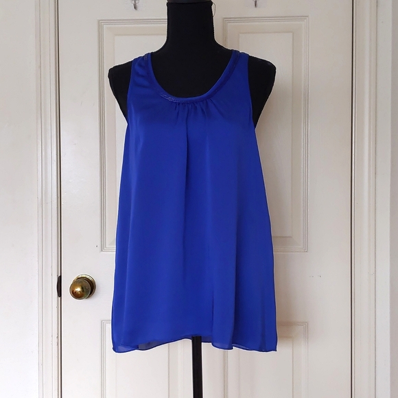 NWT. Express Bright Electric Blue Satin Sleeveless Blouse w/beads neckline decor - Picture 1 of 5